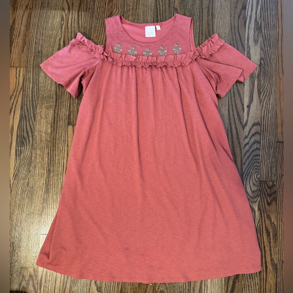 Lauren Conrad Dusty Rose Embroidered Ruffle Cold Shoulder Textured Dress